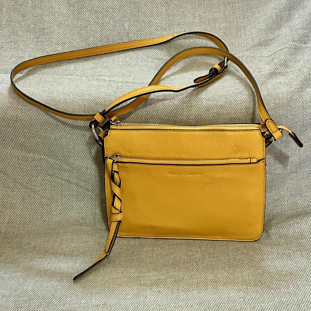Vince Camuto Yellow Pebble Leather Crossbody Purse with Loads of Pockets!